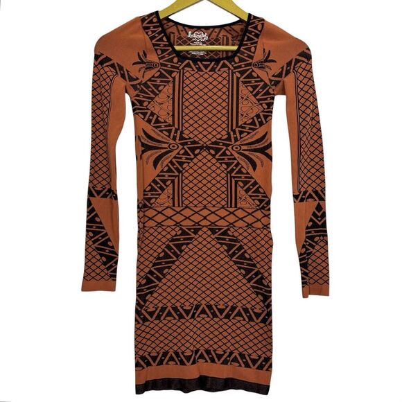 Free People Seamless Bodycon Long Sleeve Mini Dress XS/S Orange Black Grunge Y2K - Picture 1 of 4